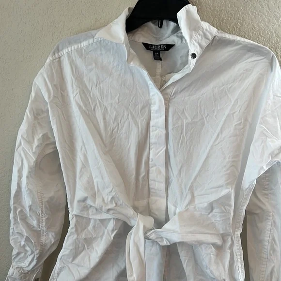 Lauren Ralph Lauren Cotton Puffed Long Sleeves Button Down Self-Tie Front Shirt - Picture 7 of 15